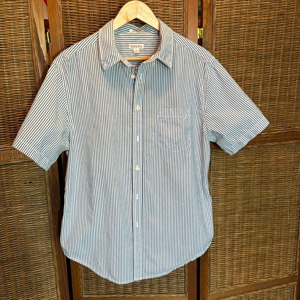 Men’s Large button down shirt. Merona brand. White and steel blue pin stripes